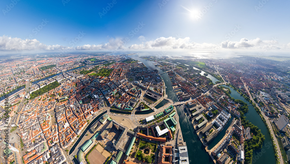 Copenhagen, Denmark. Panorama of the city in summer. Sunny weather with clouds. Aerial view