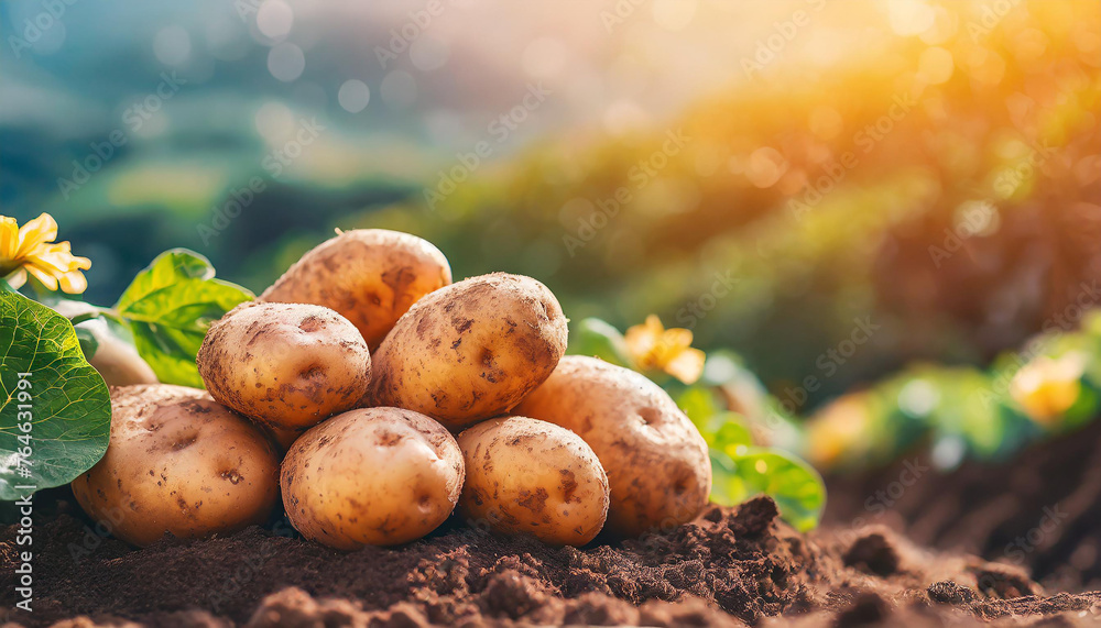 Freshly collected potatoes on the ground in garden. Organic agriculture. Natural and healthy food. - obrazy, fototapety, plakaty 