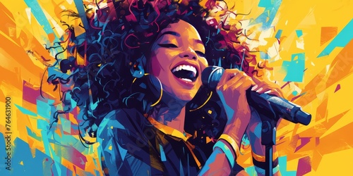A vibrant pop art portrait of an African American woman with curly hair, her mouth open in song as she holds the microphone. 