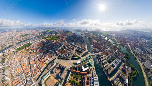 Copenhagen, Denmark. Panorama of the city in summer. Sunny weather with clouds. Aerial view