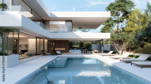 Sleek and modern villa with elegant poolside loungers in a lush garden setting © lemoncraft