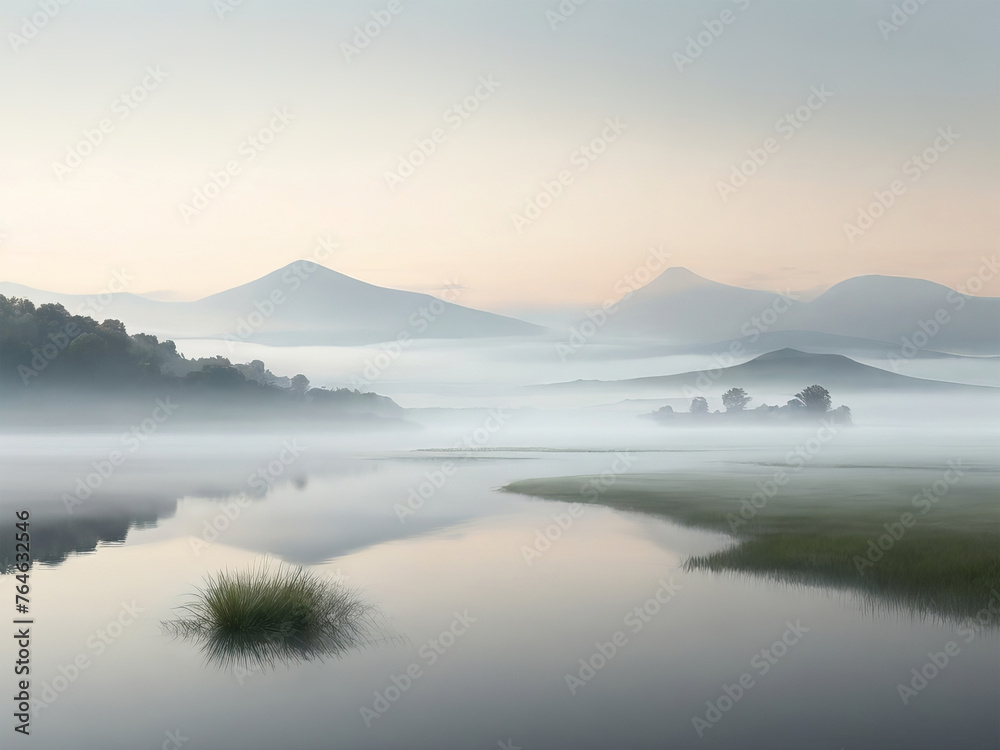 Fantasy landscape with foggy forest and river.