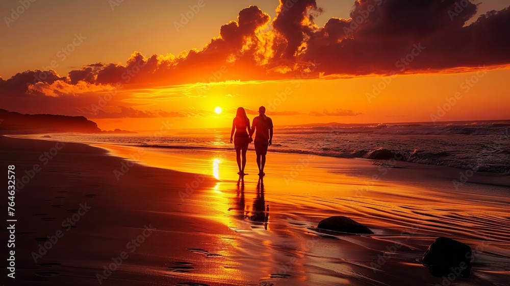 Couple walking along the beach during sunset