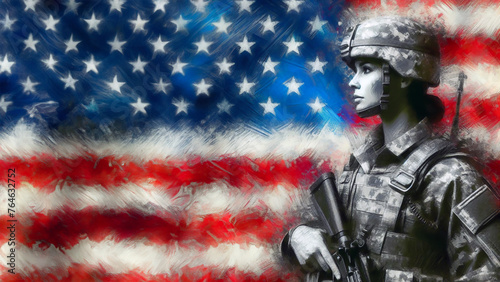 Patriotic Military Woman against the American Flag Illustration, Memorial Day, Proud Patriot, Red White and Blue, Freedom, Veterans Day, Troops and Military, Independence, 4th of July