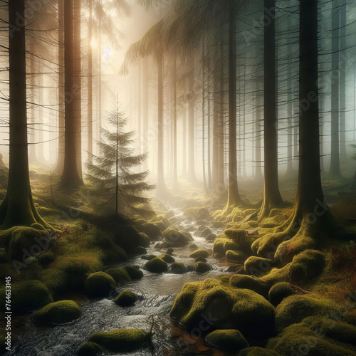 Fantasy landscape with foggy forest and river.