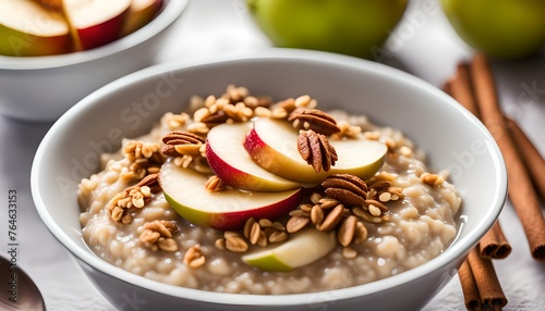Overhead closeup of a bowl of oatmeal or porridge topped with apple slices, cinnamon, and granola 