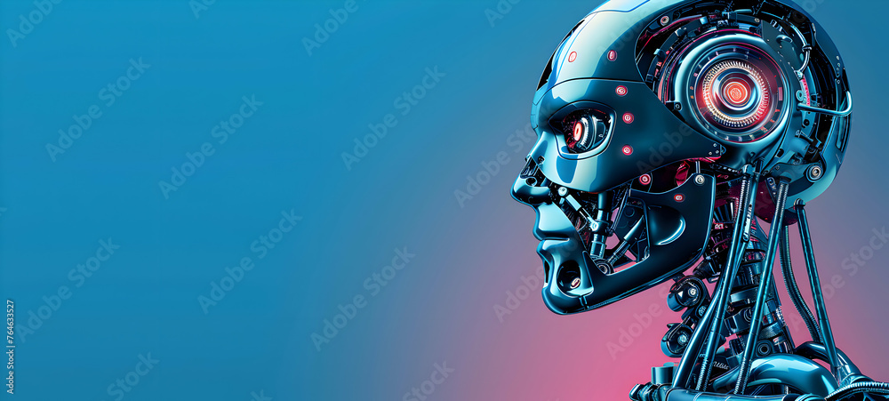 Humanoid Robot AI Portraits for Technology Presentations and Promotions - Space for Copy. Color background. Humanoid Robot AI Portraits for Technology Presentations and Promotions - Space for Copy. Color background.