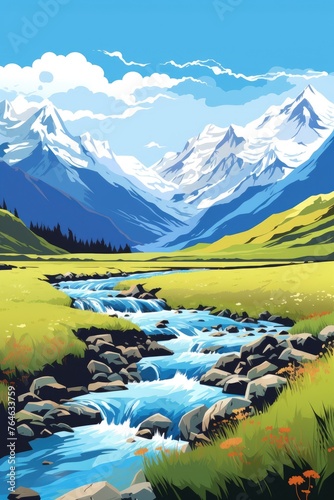 blue river beautiful mountain nature landscape illustration