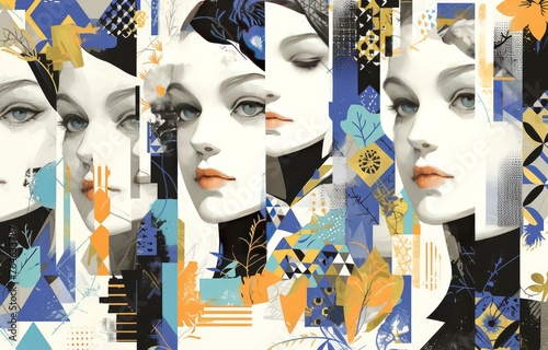 A surreal collage of women's faces in various styles, blending elements from Art Deco and abstract expressionism. 