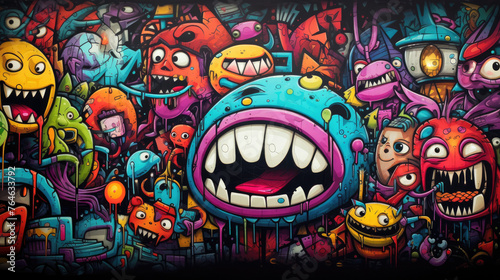 Abstract grunge urban pattern with monster character, Super drawing in graffiti style, bright vibrant retro colors, blue, pink, orange and purple, multicolors background.