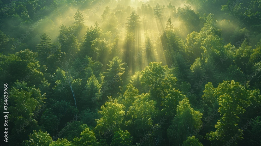 Aerial View of a Misty Rainforest at Sunrise with Light Rays - obrazy, fototapety, plakaty 