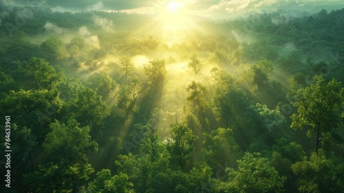 Aerial View of a Misty Rainforest at Sunrise with Light Rays