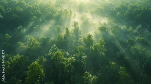 Aerial View of a Misty Rainforest at Sunrise with Light Rays © Muhammad_Waqar