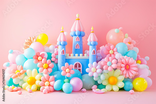 inflatable castle made from colorful balloons, surrounded by oversized floral inflatable arrangements with soft pastel colors creating a dreamy atmosphere isolated on pink background