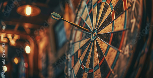 bullseye target or dart board has red dart arrow throw hitting the center of a shooting for business targeting and winning goals business concepts.Ai
 photo