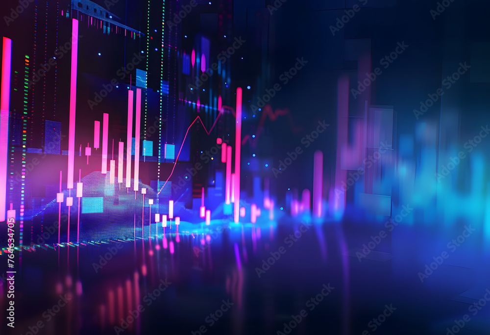 Stock Market Trends Under Blue and Purple Neon Glow: Dynamic Perspective and Depth in Financial Illustration Stock Market Trends Under Blue and Purple Neon Glow: Dynamic Perspective and Depth in Financial Illustration