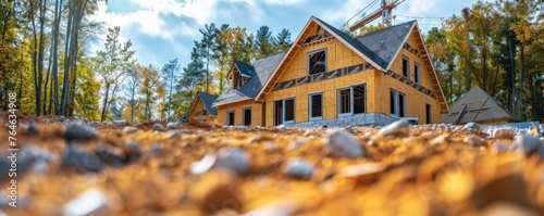 New home construction with exposed wooden beams surrounded by autumn foliage photo