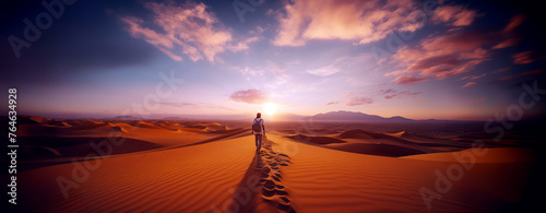 Panoramic image of the desert, rear view of a traveller man walking in the desert among the sand dunes at sunset.