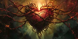 the heart of jesus christ suffering and painful surrounded by thorns on an abstract painted background, biblical and spiritual religious illustration, sacred scene related to faith and Christianity