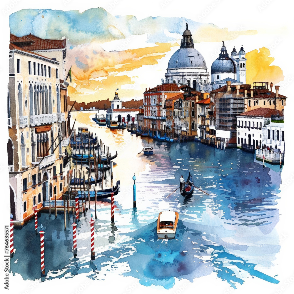 Watercolor illustration of Grand Canal with gondolas and historic buildings in Venice, Italy, suitable for travel-themed designs and Venice-related editorial content - obrazy, fototapety, plakaty 