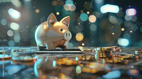 Financial prosperity concept with a digital piggy bank surrounded by money and coins, symbolizing online savings and investments - AI generated