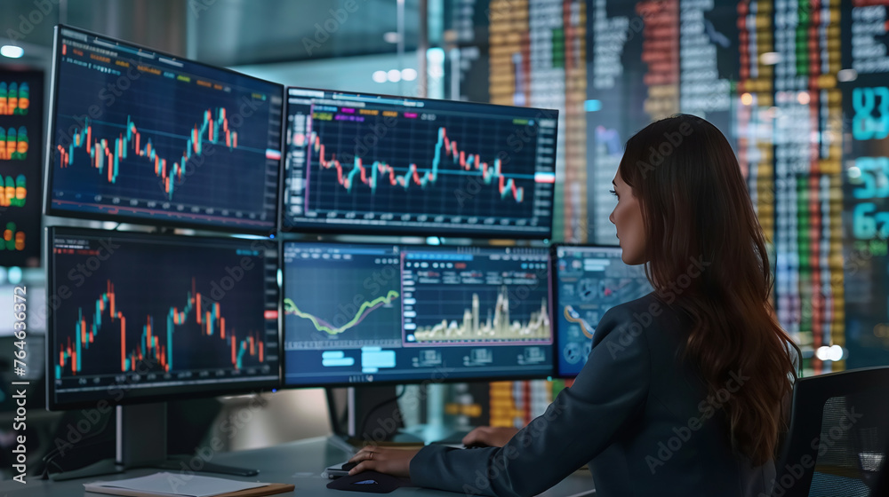 Many of the graphs and data. Young female stock brocker works indoors in the office. Commodities and Exchange Market Charts. Businesswoman at Work in Investment Broker Agency Office.Ai