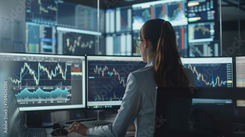 Many of the graphs and data. Young female stock brocker works indoors in the office. Commodities and Exchange Market Charts. Businesswoman at Work in Investment Broker Agency Office.Ai photo