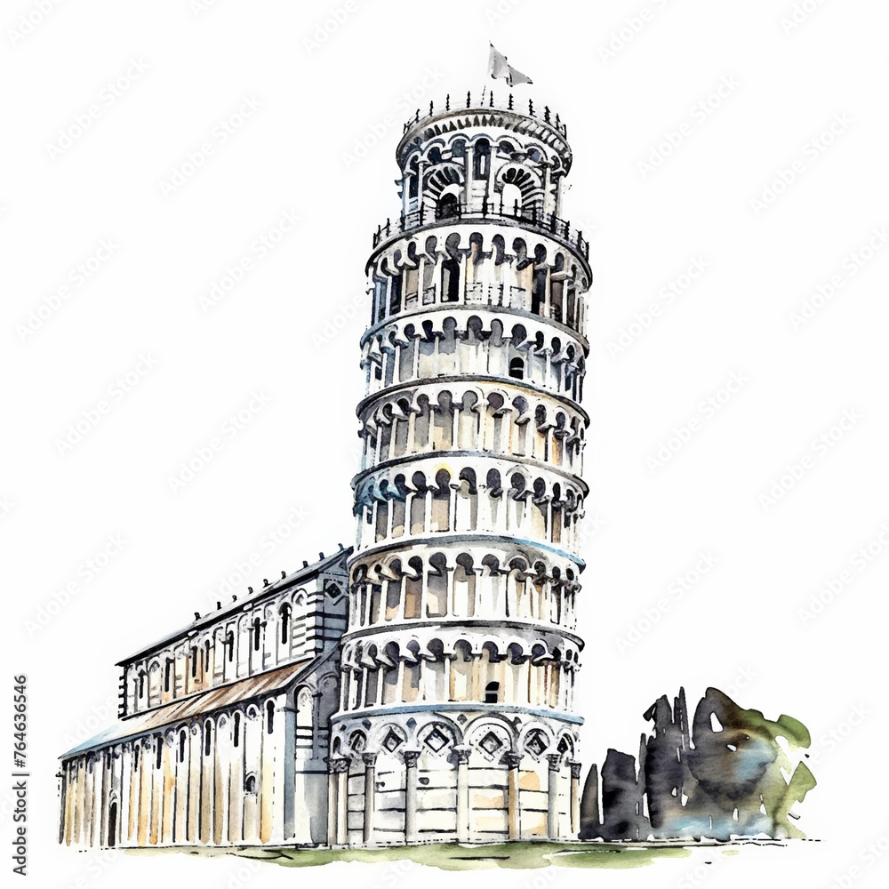 Watercolor illustration of the Leaning Tower of Pisa with ample white space for text, ideal for travel and tourism-related designs or educational content about Italian landmarks