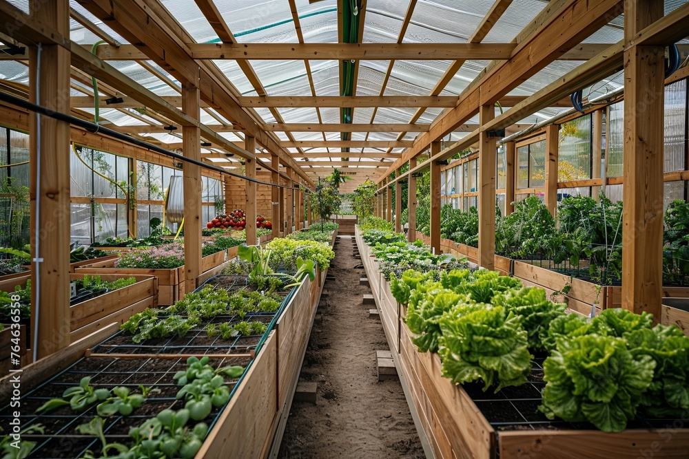 indoor vegetable garden in the greenhouse, growing tomatoes and lettuce