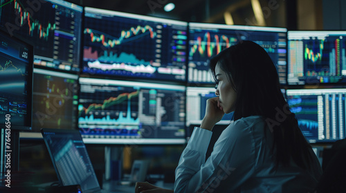 Financial Analyst Working on a Computer with Multi-Monitor Workstation with Real-Time Stocks, Commodities and Exchange Market Charts. Businesswoman at Work in Investment Broker Agency Office.Ai