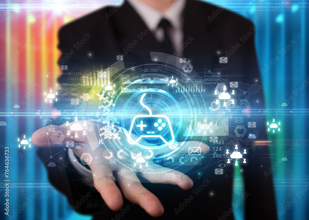 Businessman holding technology icon concept Businessman holding technology icon concept