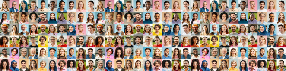 Collage portrait of multiracial smiling different business people. A lot of happy modern people faces in mosaic collection. Successful business, career, diversity concept