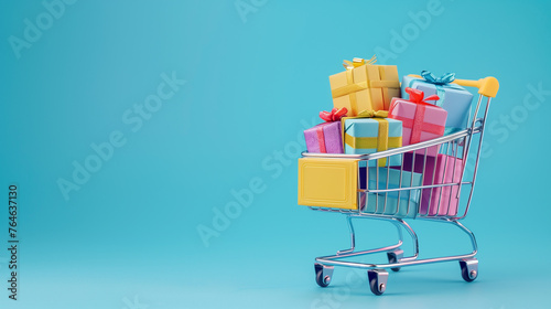 Shopping cart full of colorful gift boxes on blue background , Generative AI	
 photo