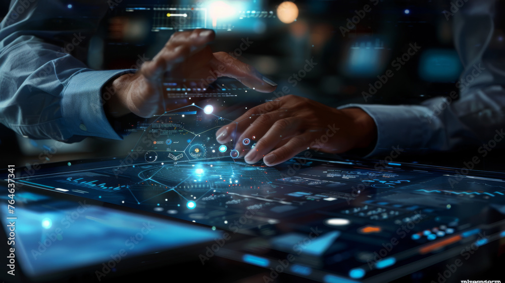 A pair of hands interacts with a futuristic holographic touchscreen display. A pair of hands interacts with a futuristic holographic touchscreen display.