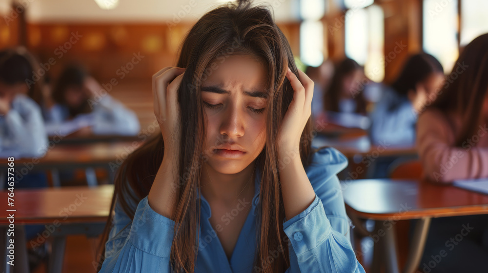 A student rests her head on her hands with a thoughtful expression in a classroom. A student rests her head on her hands with a thoughtful expression in a classroom.