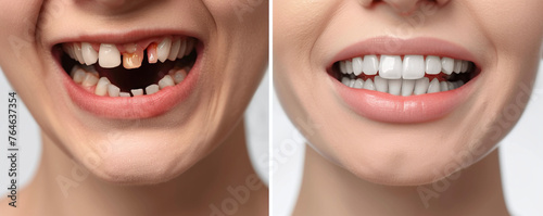 close-up photo of female teeth before and after the installation of the bracket system. The concept of comparison. Dentistry and orthodontics. The result of bite correction.Ai 