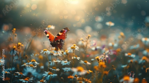 An enchanting Peacock butterfly sits amidst a dreamy spread of wild daisies, with diffused sunlight creating a magical, tranquil ambience in the scene © TPS Studio