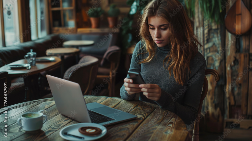 A woman is using a smartphone at a caf? table with a laptop and a cup of coffee. A woman is using a smartphone at a caf? table with a laptop and a cup of coffee.