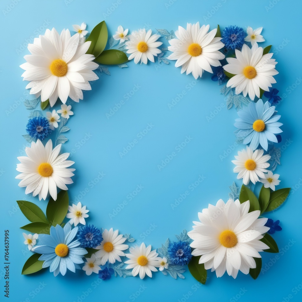 Frame for the text of congratulations with flowers of on a blue background. Greeting card with natural colors.