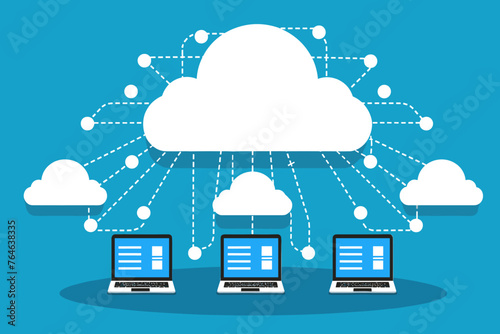 Cloud computing. A digital service or application with data transmission. Network computing technologies. Futuristic Server. Digital space. Data storage. Vector illustration