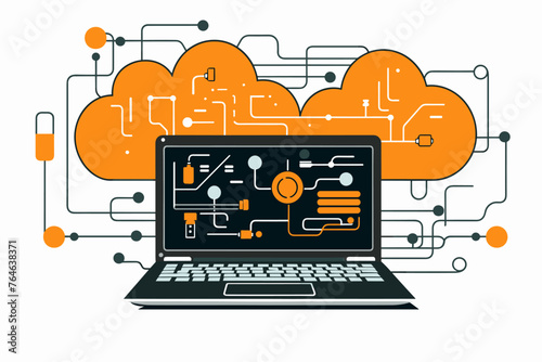 Cloud computing. A digital service or application with data transmission. Network computing technologies. Futuristic Server. Digital space. Data storage. Vector illustration