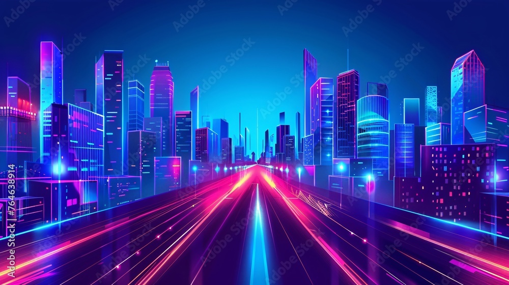 Abstract digital cityscape with glowing lines and skyscrapers