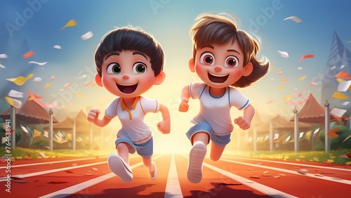 3D cartoon in motion with two girls running to the end of the track