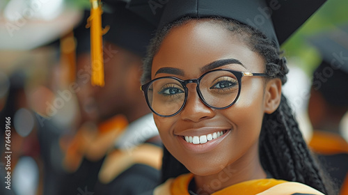 portrait of black young woman student in black graduation cap and gowns.
 photo