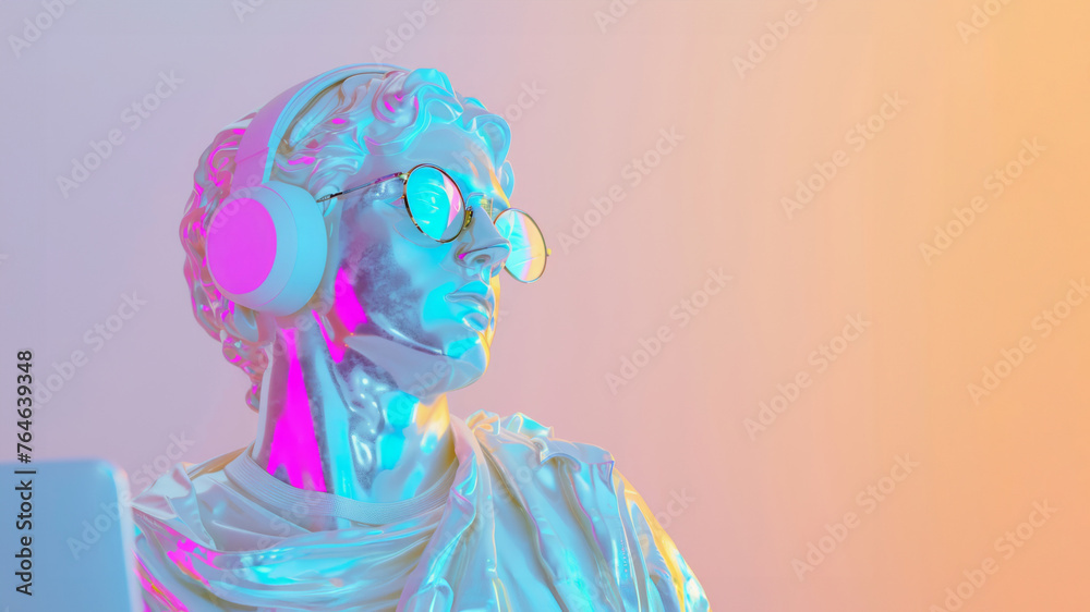 Fluorescent sculpture of a guy student wearing headphones with laptop on pink background. Education Concept.