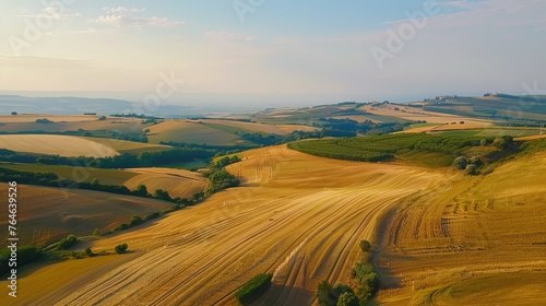 An expansive aerial view showcasing the patchwork beauty of agricultural fields