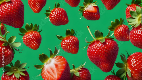 strawberry explosion, juice splashes on a green background.