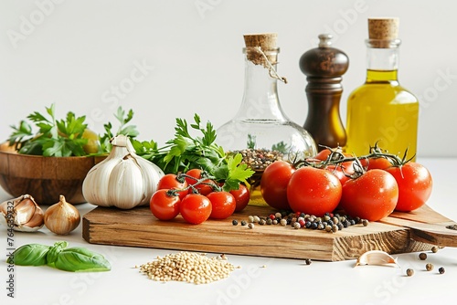 Tomatoes, garlic, parsley, herbs, spices, olive oil on a wooden board. White background.