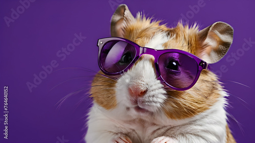a hamster in sunglasses on a purple background