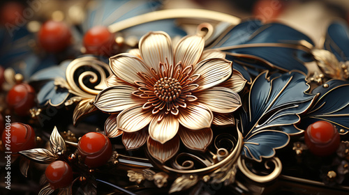 Precious Metal Engraving: Intricate floral metalwork details with coloured enamel.